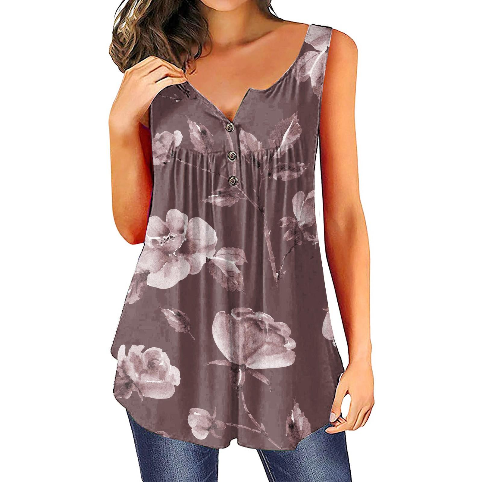 

Women s Fashion Floral Printing Pleated Sleeveless Casual T-shirt Vest Button Top M фіолетовий