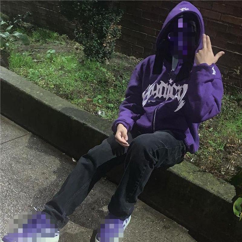 Y2K Autumn and Winter Hip-hop Letter Printed Men's and Women's Street Casual Zipper Long Sleeved Hooded Sweatshirt