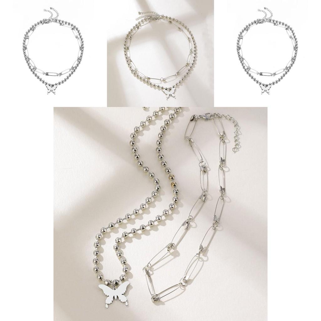 Unique And Stylish European And American Geometric Beaded Chain Butterfly Pendant Necklace