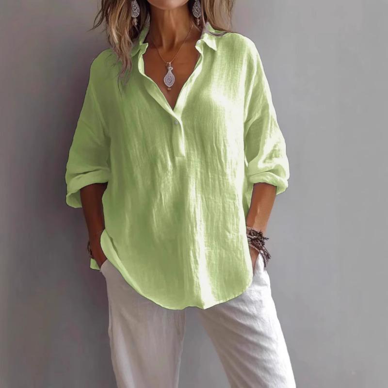 Pink Linen Blend Collared Half Placket Long Sleeve Shirt for Women