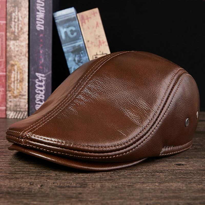 Gorra de cuero para hombre mayor, cálida, de piel de vaca, para otoño e invierno, con boina gruesa.