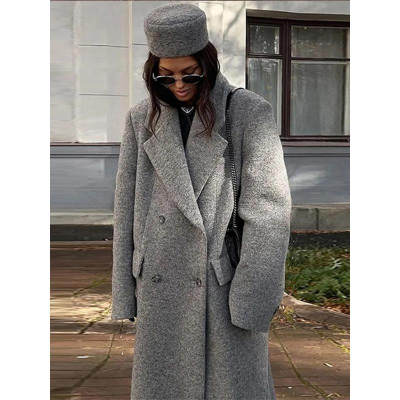 Elegant Faux Fur Long Coat Women Long Sleeve Lapel Loose Woolen Female Maxi Outwears 2024 Autumn Winter Luxury Gary Lady Jackets