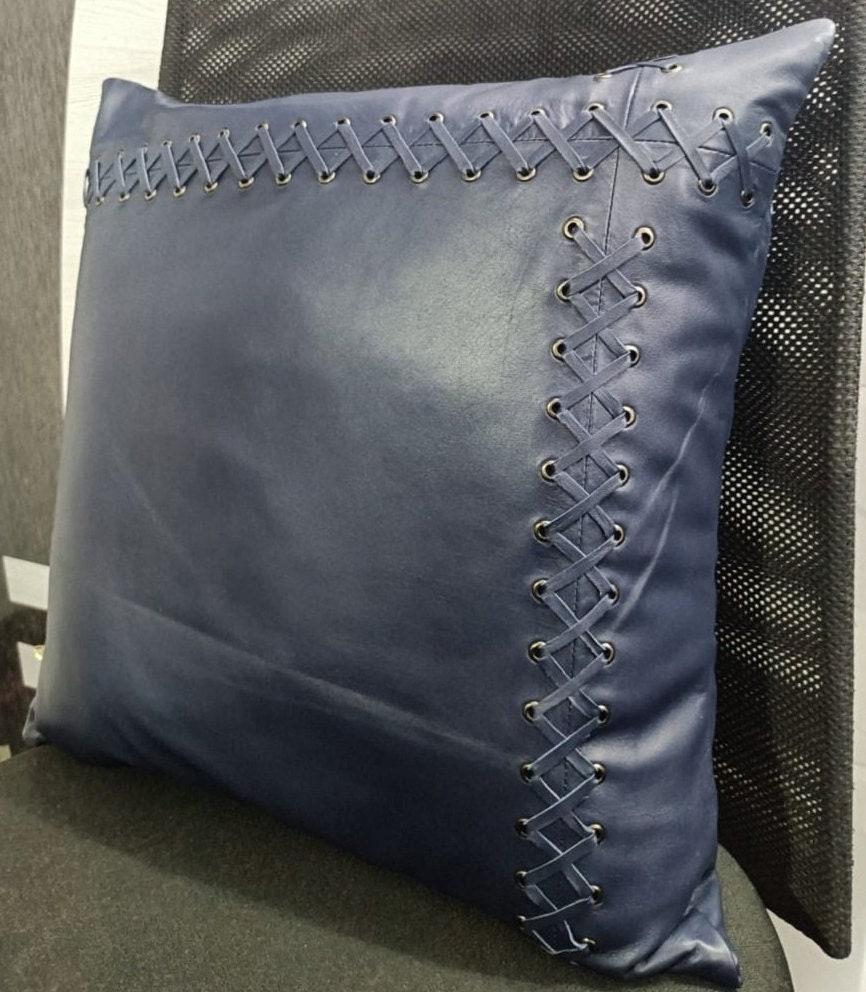 Lambskin Leather Pillow Cover -Navy Blue | Square Cushion Cover | BRAIDED Leather Throw Case Cover For Sofa Décor CRISS Crossed Laced - BLUE