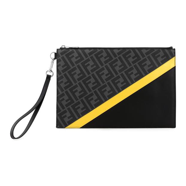 Fendi Monogram Logo FF Pattern Color Block Striped Coated Wristband Canvas And Leather Clutch Men Clutch Black Gray Yellow 7N0110-A9XS-F0R2A