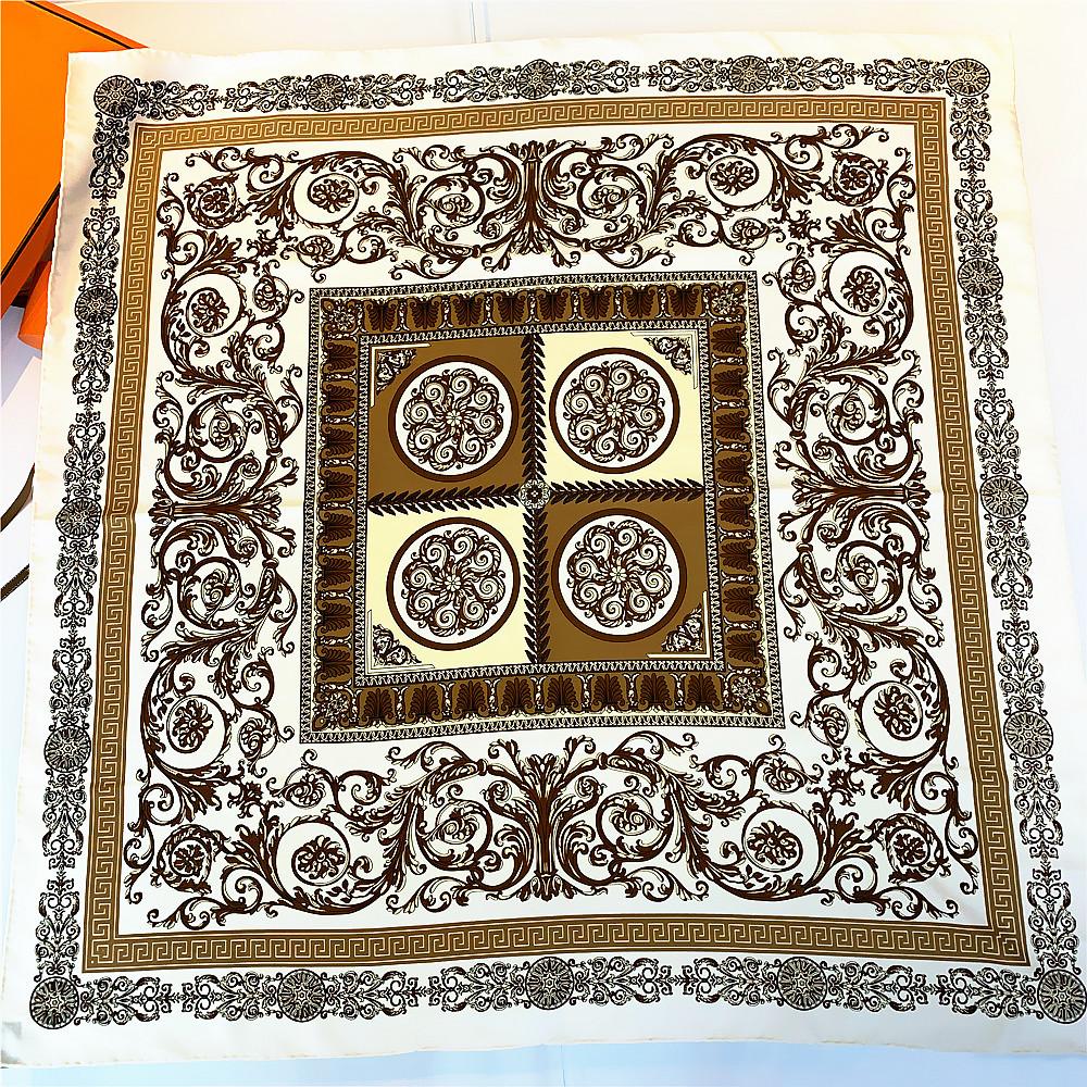 90CM Luxury Brand Flower Totem Manual Hand Rolled Twill Silk Scarf Women Curled Square Scarve Foulard Femme Wrap Bandana Hijab