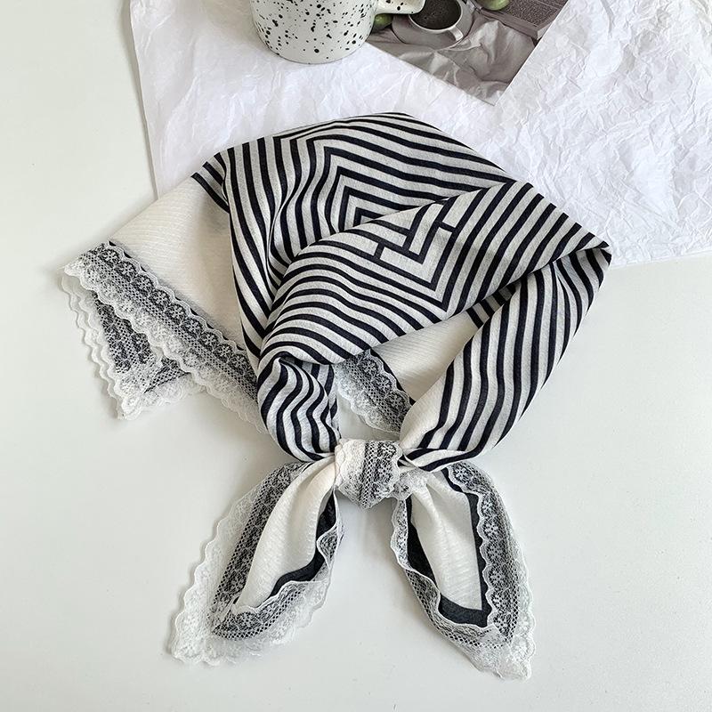 Silk Scarf Neck Small Square Scarf Lace Striped Cashew Nut Silk Scarf Spring and Summer Light Headscarf Headband Decorative Scarf