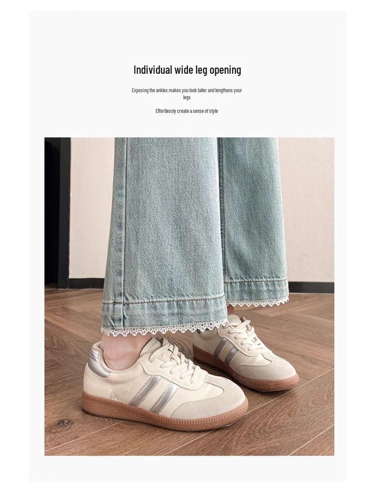 Women's Summer 2026 Lace Trim Wide Leg Denim Jeans - Petite Slimming Straight Fit Nine-Point Pants