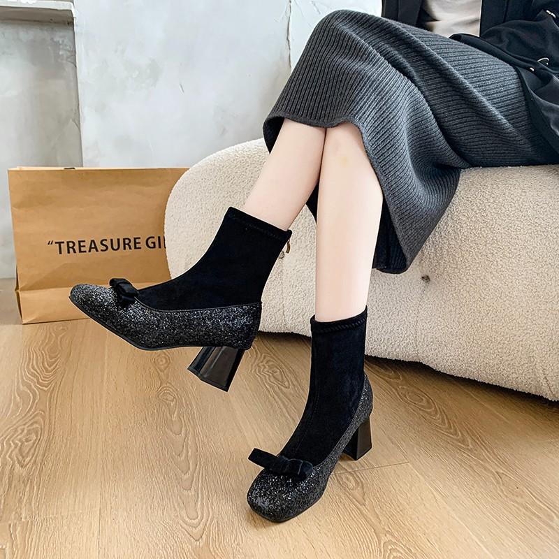 Fashion Square Toe Bling Women Snow Ankle Boots Bow Mid Heels Fad Sock Boots Suede Chunky Shoes 2024 Trend Winter Designer Botas Mujer