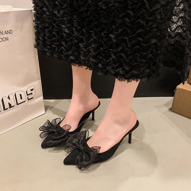 

Fashion 2025 Fashion Slingbacks Women s High Heels New Leopard Print Summer Butterfly-knot Plus Size Best Seller Closed Toe Slippers 42 чёрный