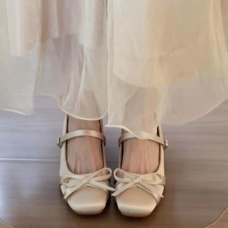 Inside Heightened Mary Jane Shoes Autumn New Square Toe Shallow Mouth Bow Slip Strap Non-Slip Kitten Heel