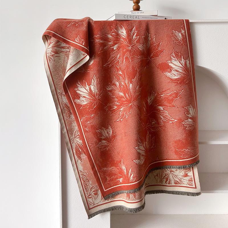 imitation cashmere maple leaf retro style advanced texture printing double-sided warm scarf shawl