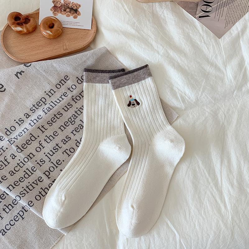 

Цветные блочные вышитые рубчатые носки до середины икры с мультяшными полосками для женщин Deluxe Edition