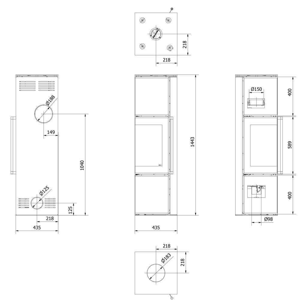 Wood Burning Steel Stove KRATKI TORA/M 8 kW Ø 150 Quartz Sinter NATURALI PIETRA DI SAVOIA ANTRANCITE BOCCIARDATA Black Thermotec