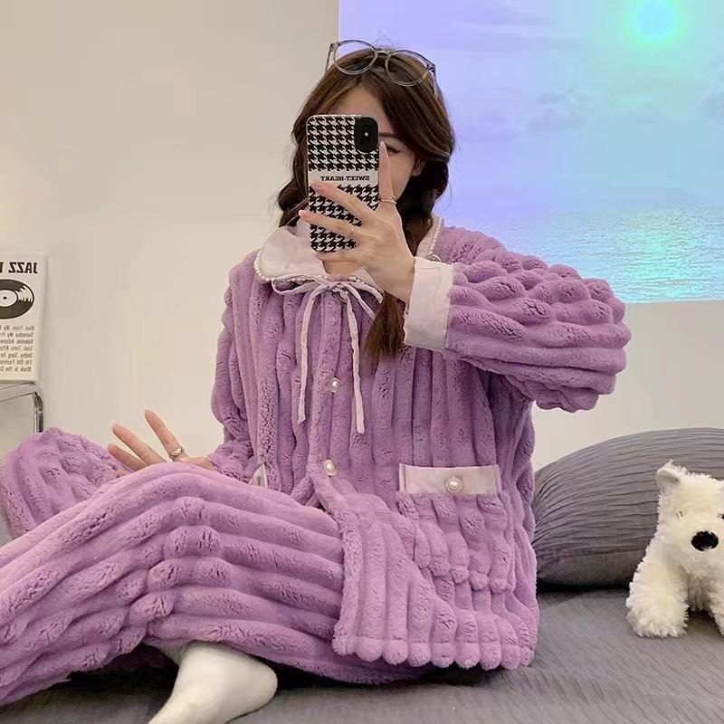 Nightgown Female Autumn and Winter Coral Velvet Thickened with Velvet Comfortable Loose Outside Wearing Long Pants Winter Warm Long Sleeve Long Suit