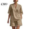 Lightweight Summer Clothing Women 2 Piece Outfit Short Sleeve V Neck Pullover Breathable Top And Shorts Matching Sets Casual Vacation Travel