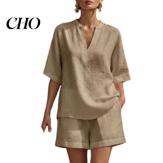 Lightweight Summer Clothing Women 2 Piece Outfit Short Sleeve V Neck Pullover Breathable Top And Shorts Matching Sets Casual Vacation Travel