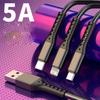 3 In 1 5A USB Fast Charging Cable Type C Micro IOS Multi Charger Cable for iPhone Huawei Xiaomi Samsung Nylon Braided Cord