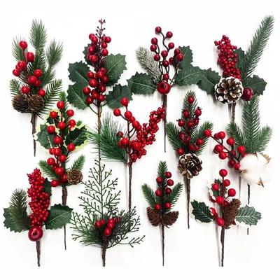 Green&Red Christmas Pine Branches Home Table Decoration DIY Accessories Artificial Tree Branches Xmas Tree Ornaments