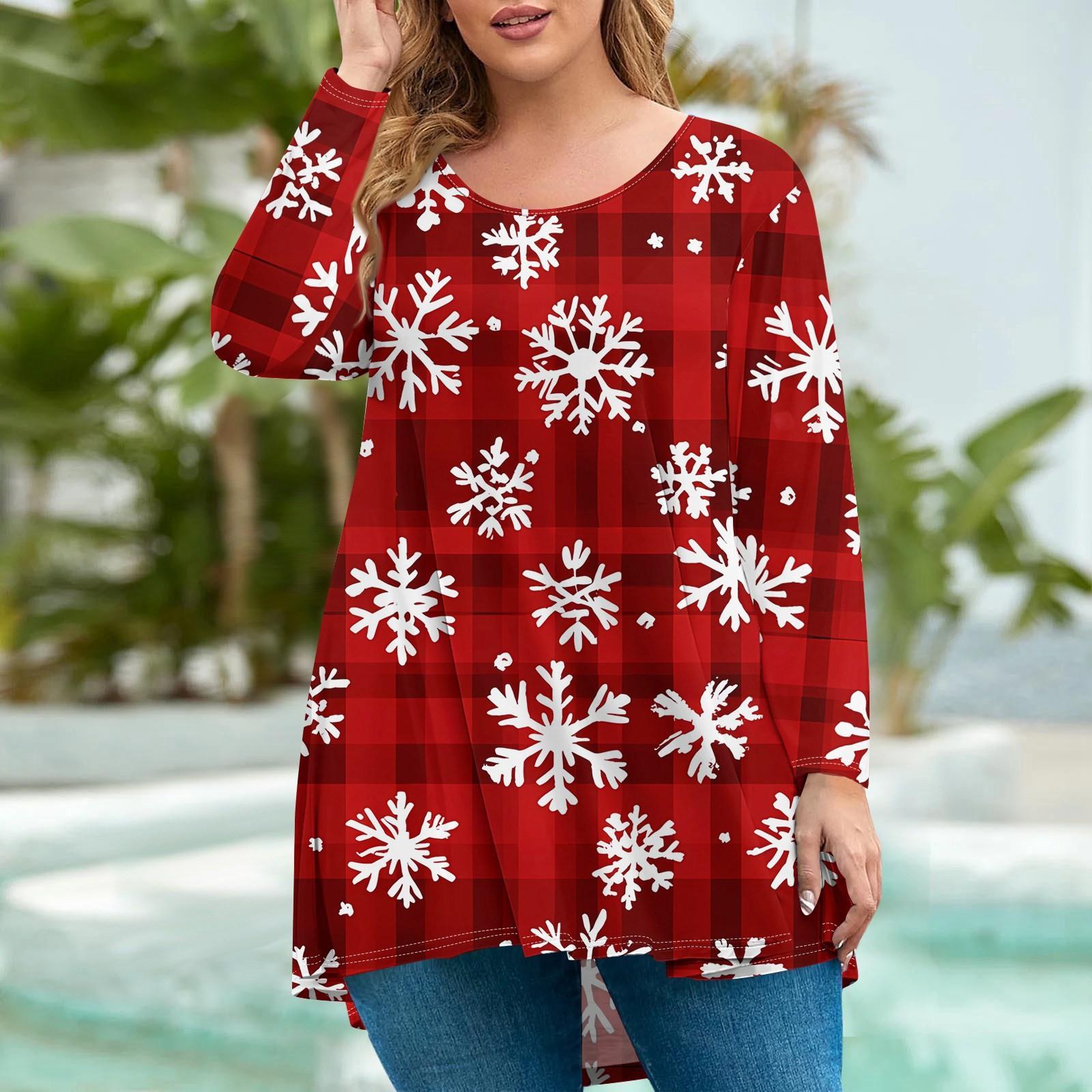 

Женская мода большого размера с круглым вырезом и длинным рукавом, повседневный свободный пуловер с рождественским принтом XXXXL