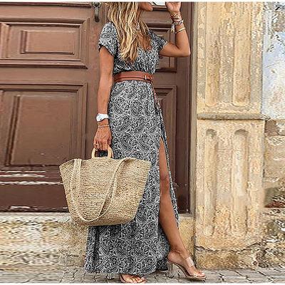 Elegant Floral Pleated H Shaped Midi Dress Female V Neck Puff Sleeve Waist Ruched Button Dresses Women Spring Summer Dress