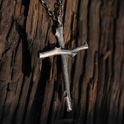 Retro Personalized Thai Silver Wooden Branch Cross Realistic Too Angle Necklace Versatile Pendant for Men and Women