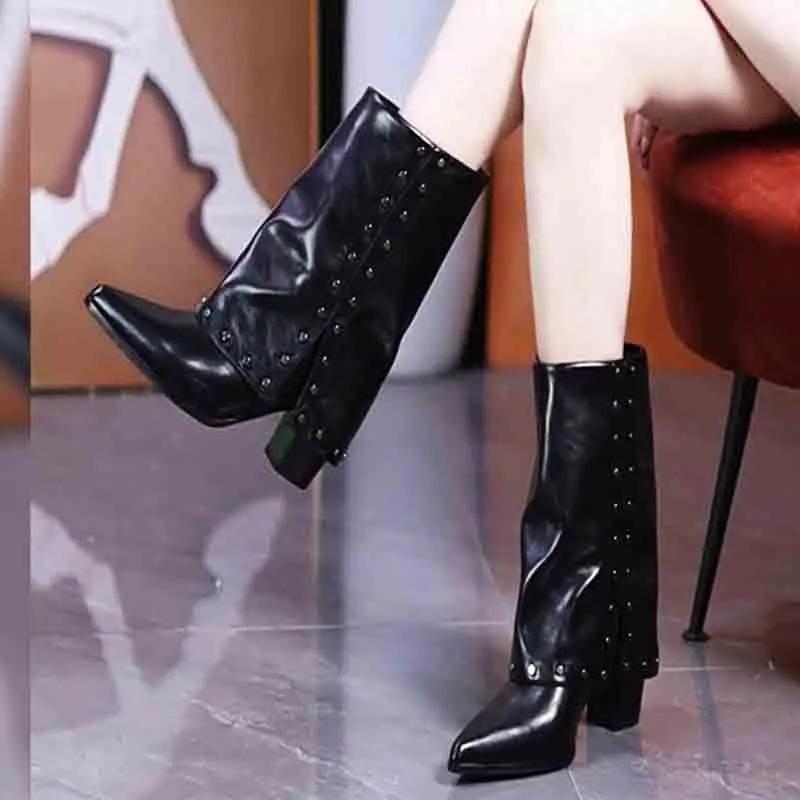 Botas de Salto Alto Sexy Femininas Sapatos Elegantes de Bico Fino Meio da Panturrilha Botas de Moda em Couro Scarpins Nova Tendência de Vestido Mujer Botas