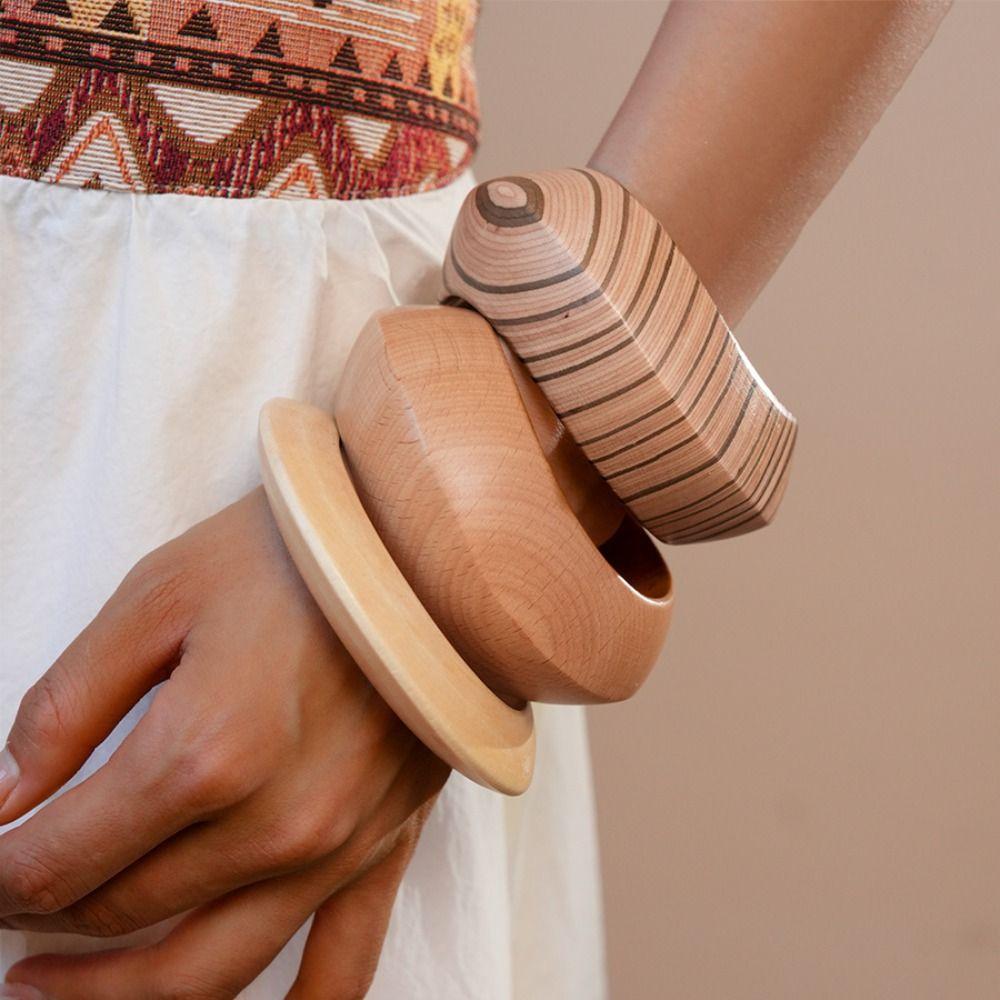 Europe American Style Wood Wide Bangle Bohemian Retro Hand Ring Strip Pattern Bracelet Decoration