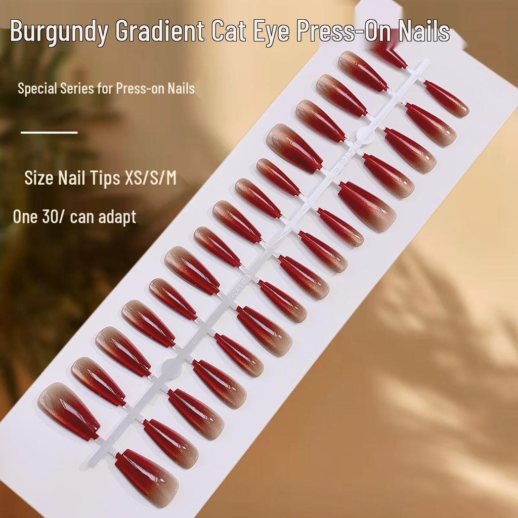 

Elegant Burgundy Gradient Cat Eye Wearable False Nails Set