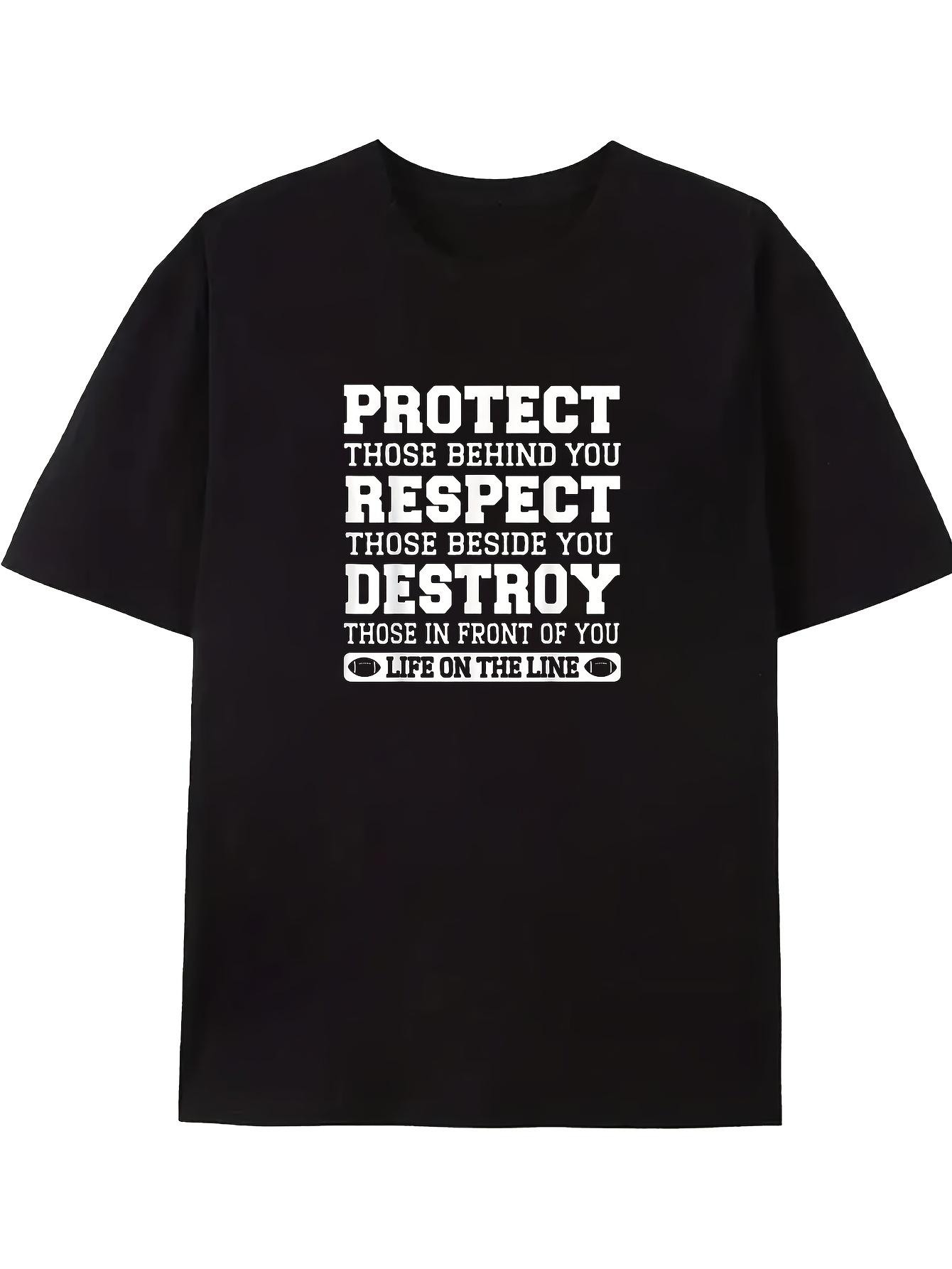 Мужская футболка футбольного атакующего линейного игрока Слоганы Protect Respect Destroy Логотип заглавными буквами Свободный крой Дизайн с воротником-стойкой в цветах командной формы Повседневная Sh S