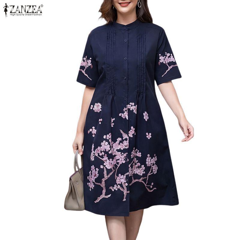 ZANZEA Women Casual Round Neck Half Sleeve Loose Floral Print Dress