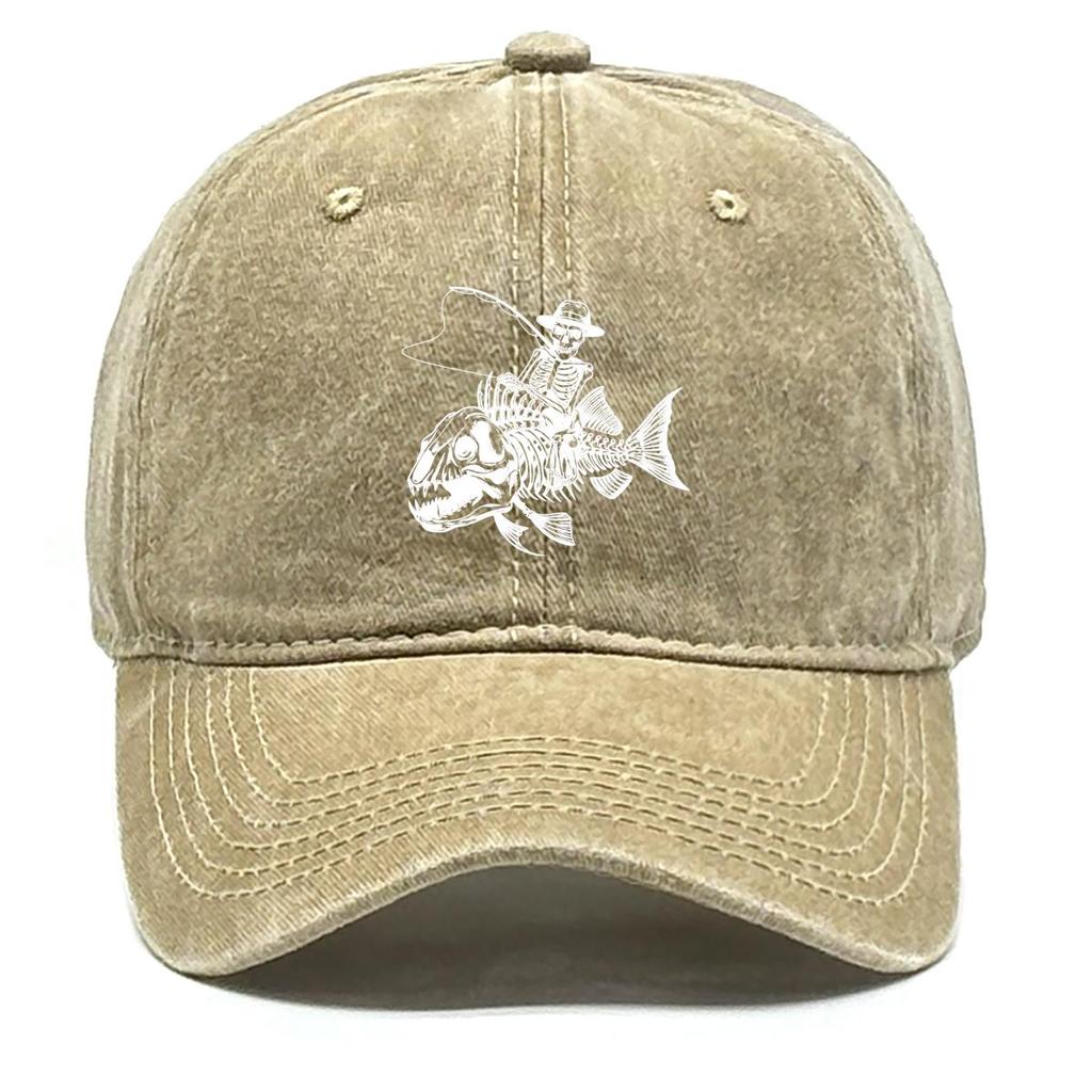 Human Skeleton and Fish Print Snapback Sun Hat, Fishing Rod Mesh Hat Fit Hip Hop Distressed Raw Brim Adjustable Baseball Hat