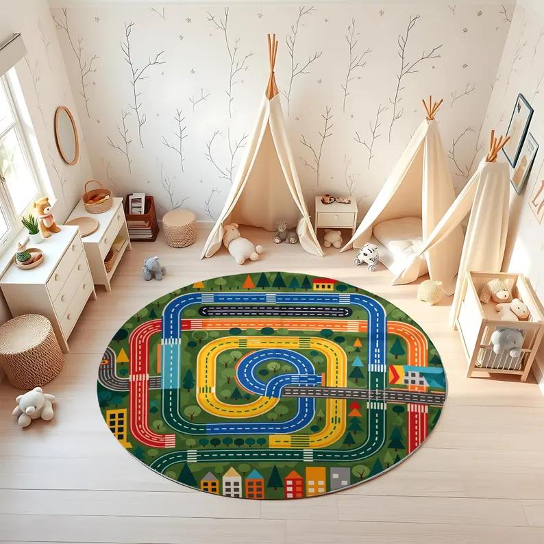 

City Roads Play Circle Carpet-Town Map Roadway Oval Mat Kids Room Rug-Vibrant Nursery Decor Round Carpet-White Playroom Mat 100cm