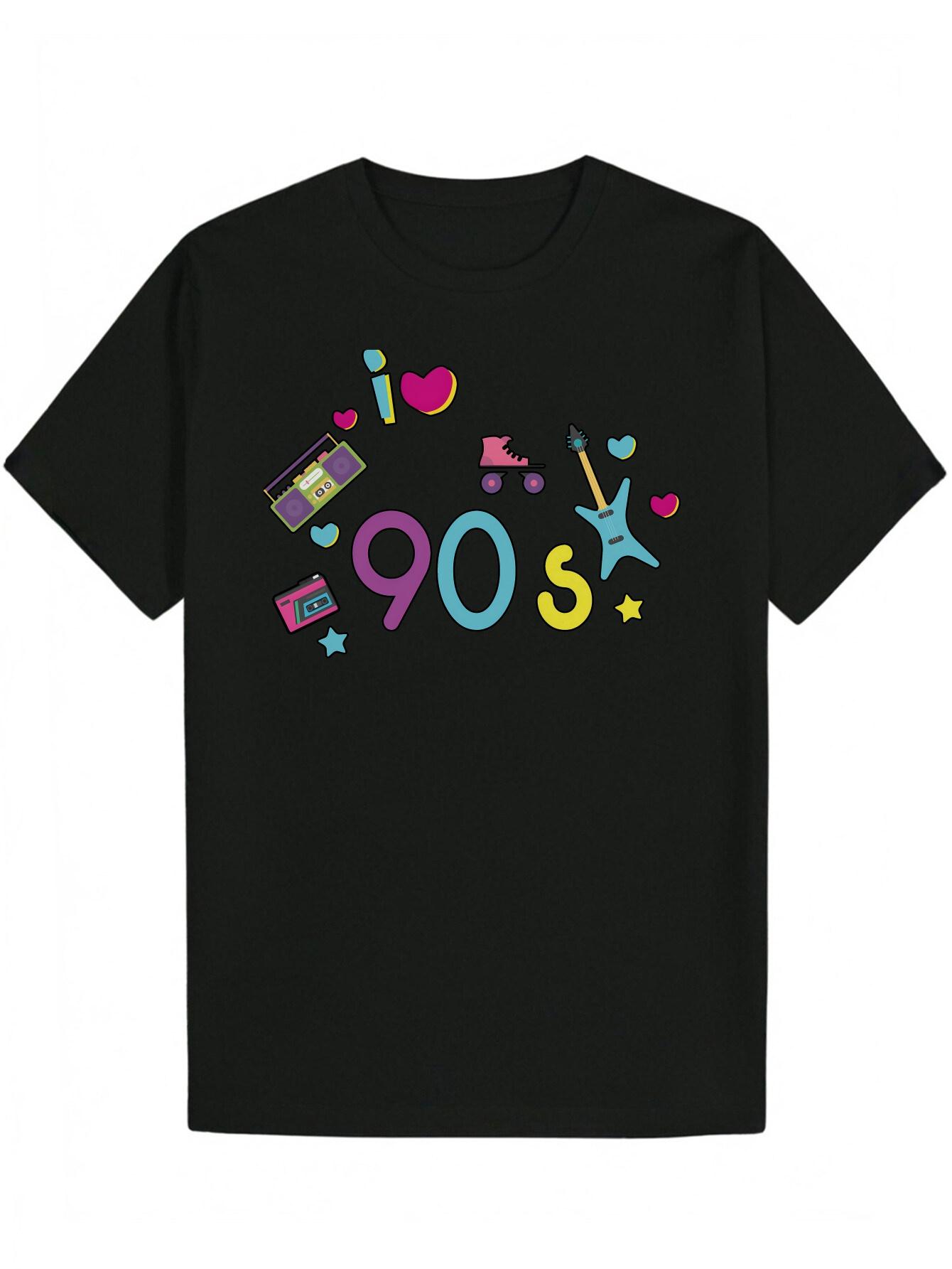Crew Neck Polyester T-shirt with Colorful 90S Graphic Print - Lightweight XXL