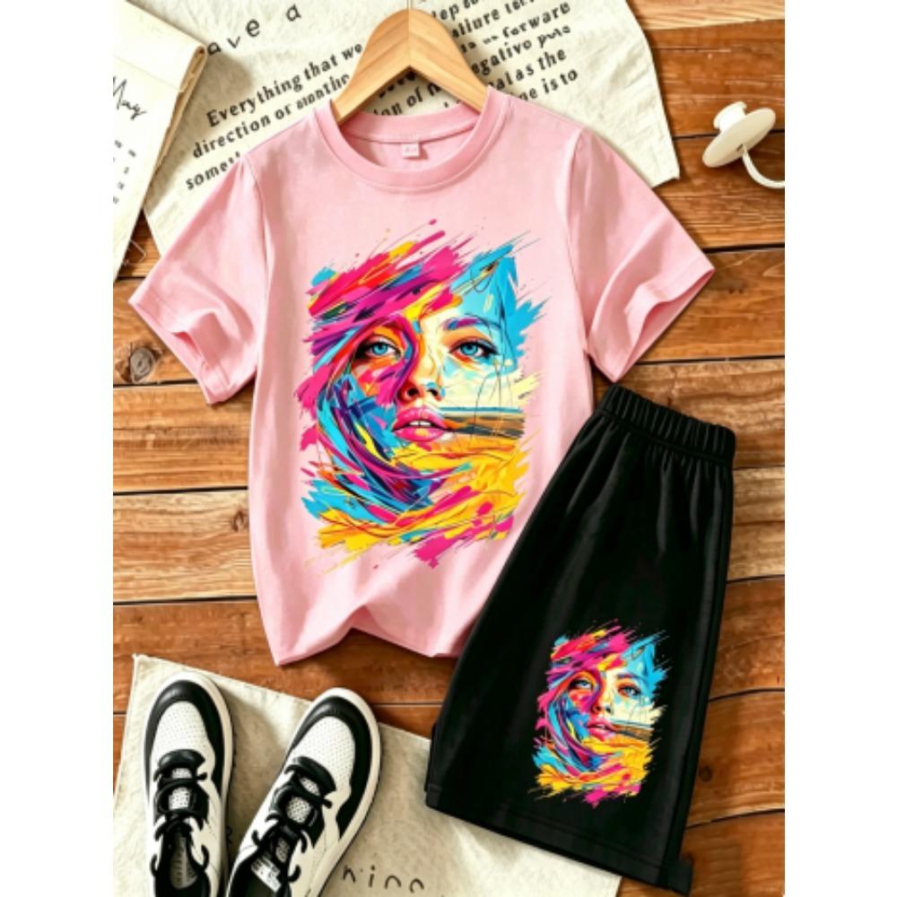 Women's Graffiti Printed Outdoor Street 15 Colors Women's T-shirt and Shorts 2 Piece Set Summer Home Casual Outfit Men's and Women's Sports Set