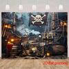 2D Piratenschiff Kulisse Totenkopf mit gekreuzten Knochen Flagge Schatztruhe Hintergrund für Party