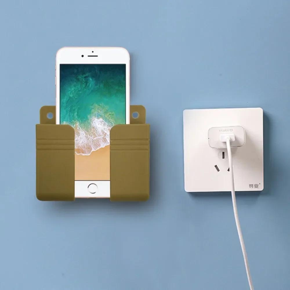 Wall Mounted Phone Holder IPhone Punch Free Wall Mobile Phone Charging Stand Lazy Sticky Remote Control Storage Box Bracket