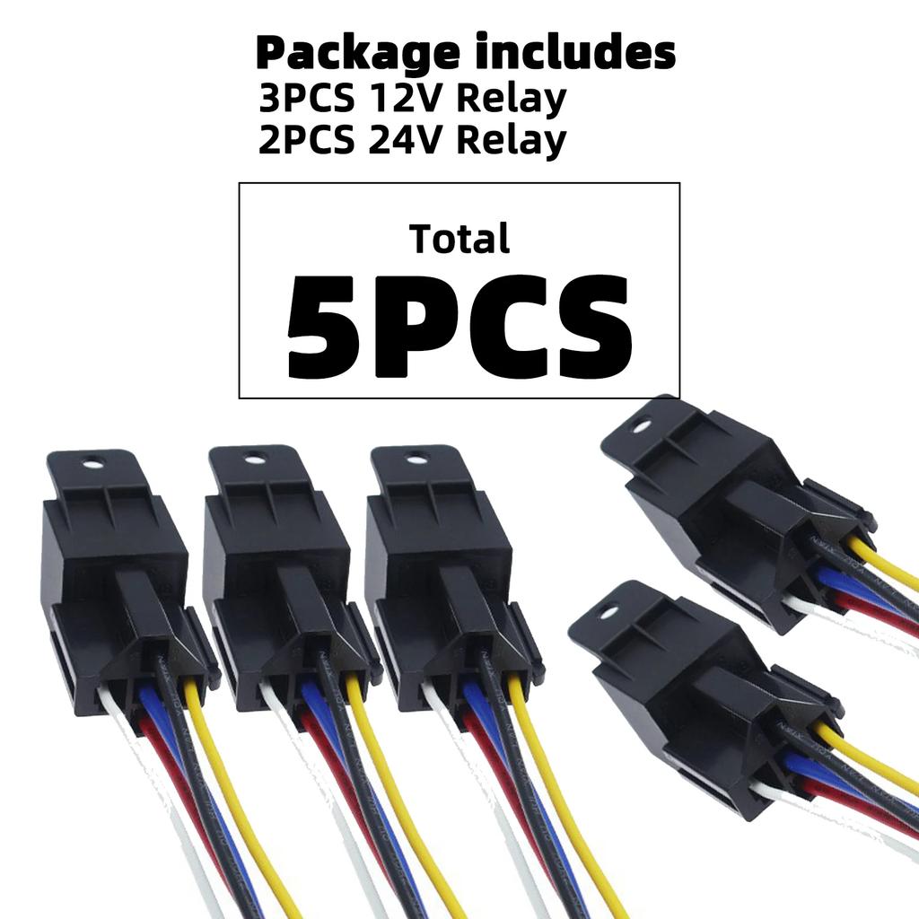 5-PCS Waterproof Automotive Relay 12V 24V 5Pin 40A Car Relay with Black Red Copper Terminal Auto Relay Socket Harness Cable