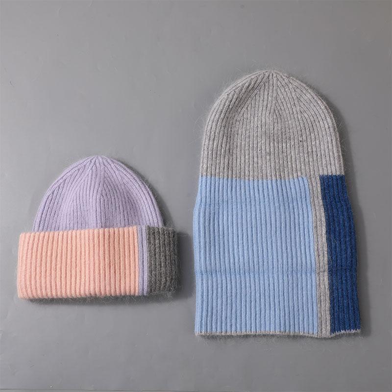 New Fashion Color Splicing Knitted Women's Hats Warmth Angora Rabbit Fur Hat Winter Beanie for Lady Adult Female Cap