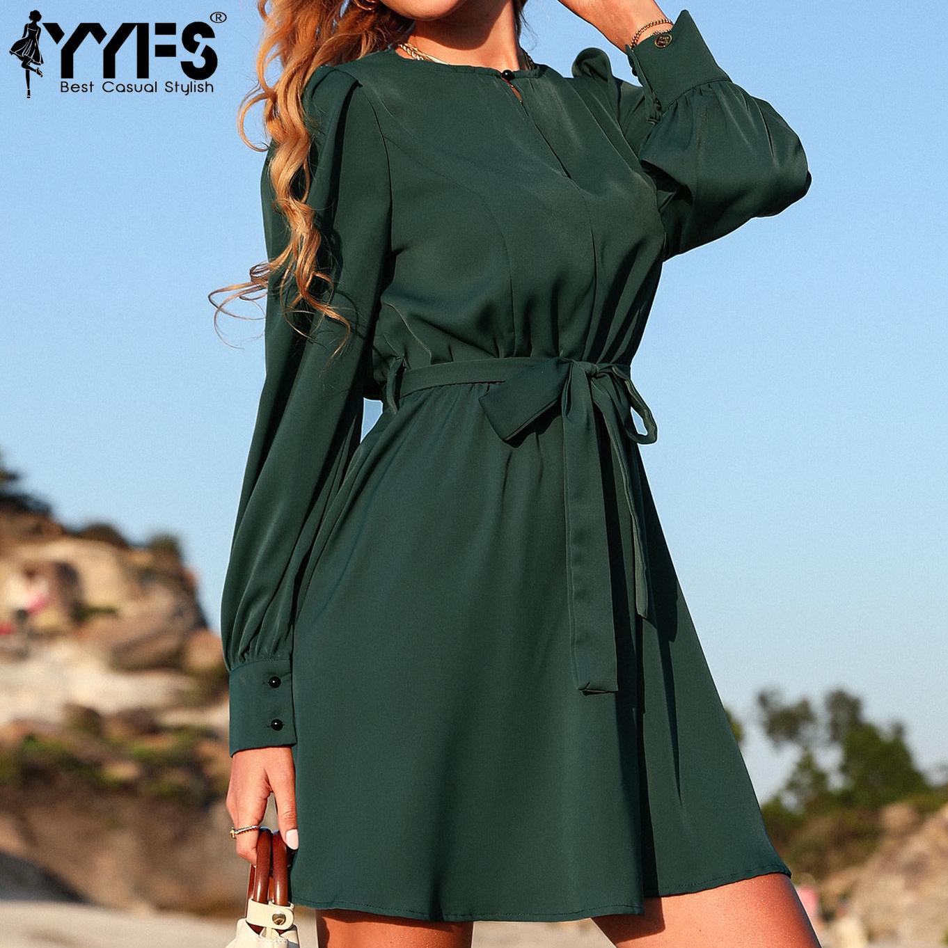 

YYFS Жіноча мода Літо Весна Повсякденні сукні з однотонним принтом з довгим рукавом і круглим вирізом S темно-зелений колір