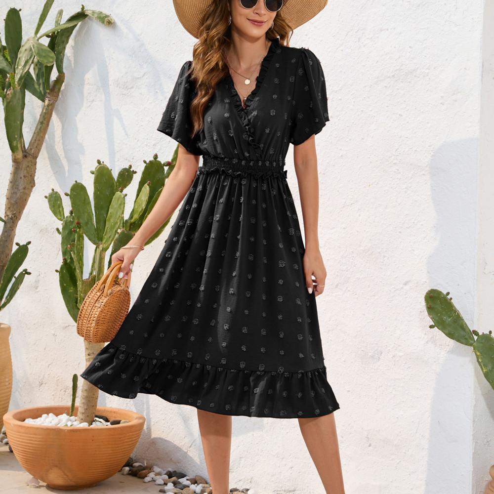GMXIA New V-neck High Waist Tie Dress Fur Ball Short-sleeved Dress Casual Vacation Travel Dress