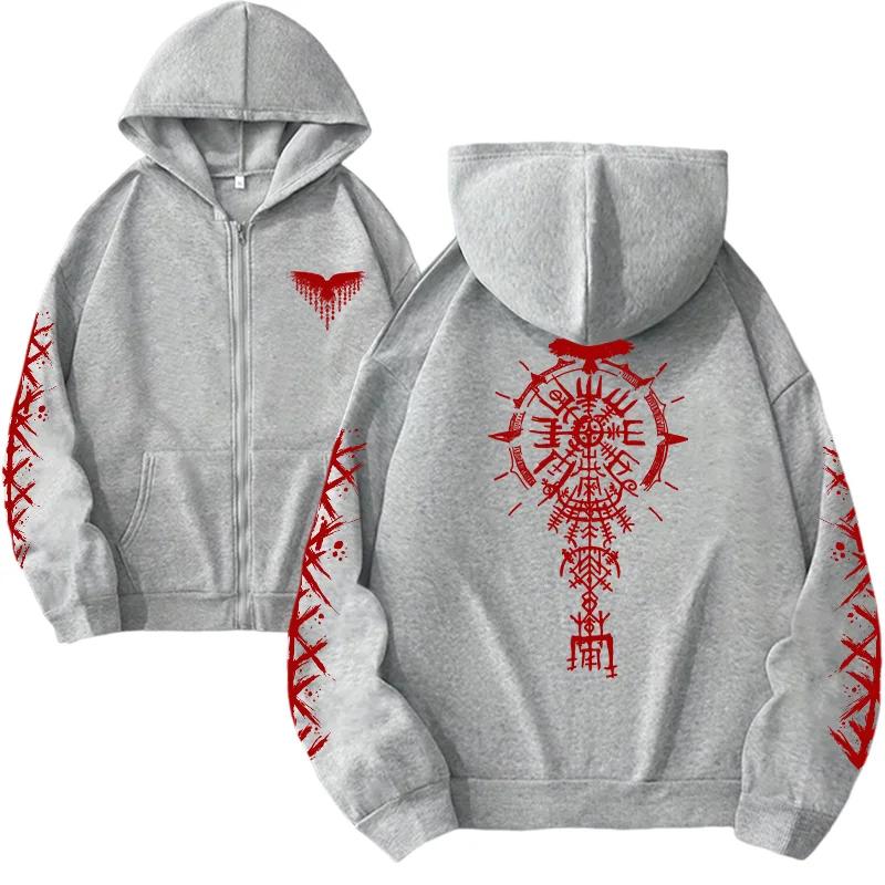 Autumn Winter Casual Fashion Warm Coat Streetwear Oversize Y2k Tops Women Zipper Hoodie Viking Raven Print Sweatshirt