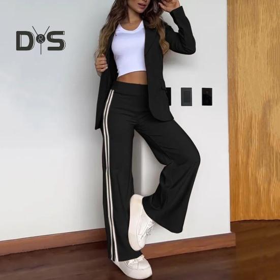 2 Pcs/Set Lady Formal Coat Pants Set Turn-down Collar Long Sleeves Jacket Loose Striped Wide Leg Trousers Casual Daily Wear Commuting Outfit