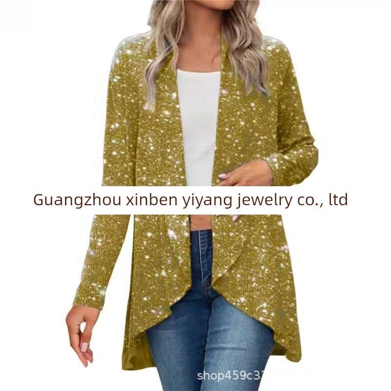 and American Cross-Border New Products Amazon Gold-Stamped Jacket Stage Jacket Fashion Shawl Sequin Cardigan Cross-Border European and American Gold M