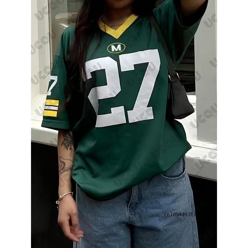 New Classic Retro Red No. 27 Print T-Shirt For Women Summer V-Neck Short Sleeve Sports Football Jersey Y2K Oversized Tops