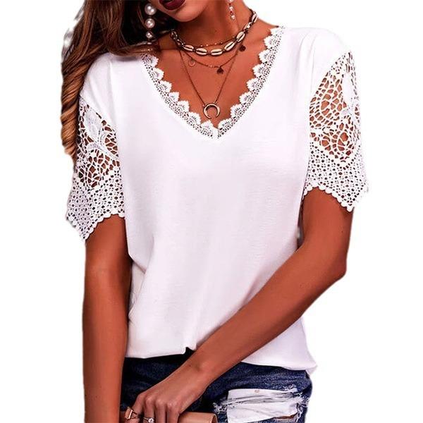 Lace-trimmed Loose V-neck Short-sleeved Women's T-shirts