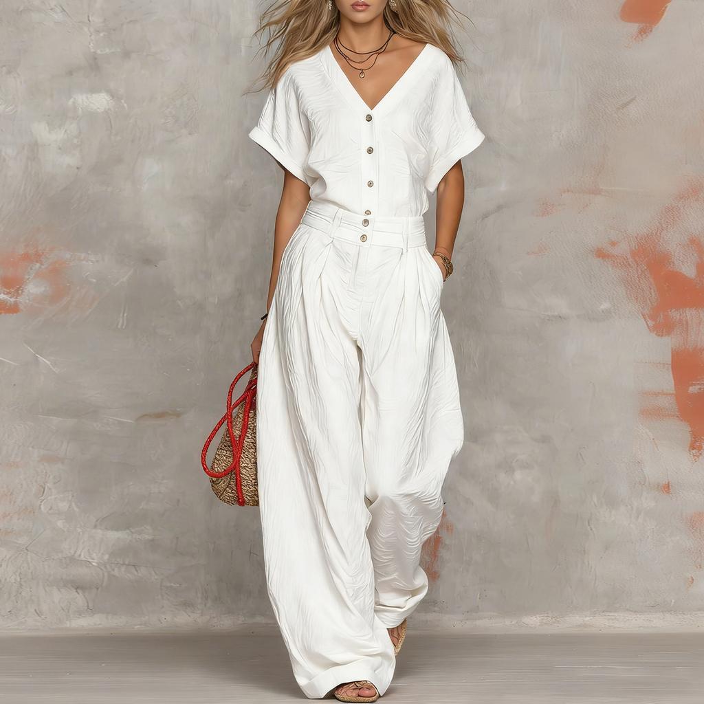 Damen V-Ausschnitt Kurzarm Knopfleiste Oberteil mit Weitbein Hosen Set Lässiges Zweiteiler Outfit Sommer Lockerer Schnitt