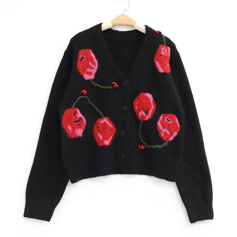 Women's French Retro Cherry Jacquard Knitwear - Soft, Fluffy Mink Fur Round Neck Top for Autumn/Winter