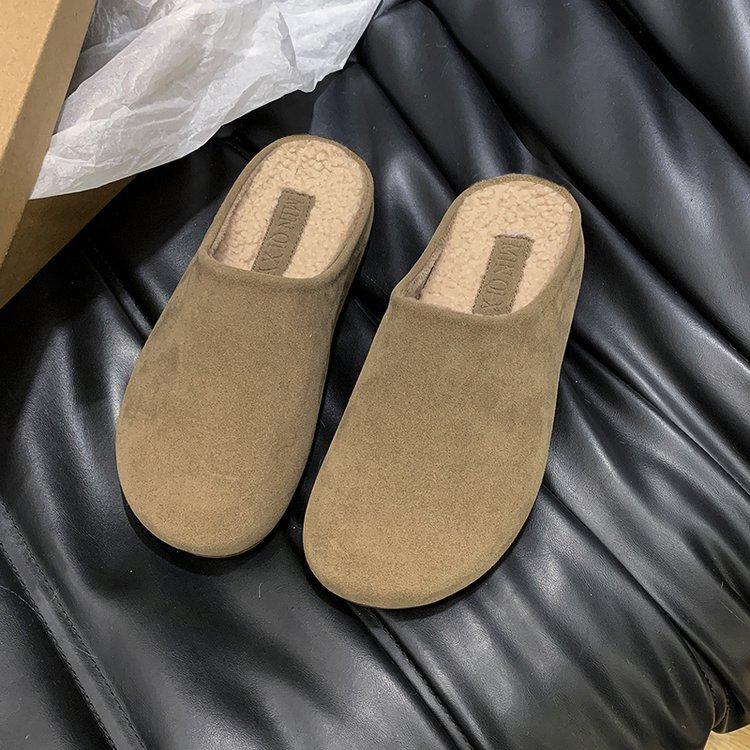 

platform-soled Boken shoes with velvet bag head and half slippers for women s outer wear 2025 new autumn and winter one-pedal Boken cotton slippers 35 хакі