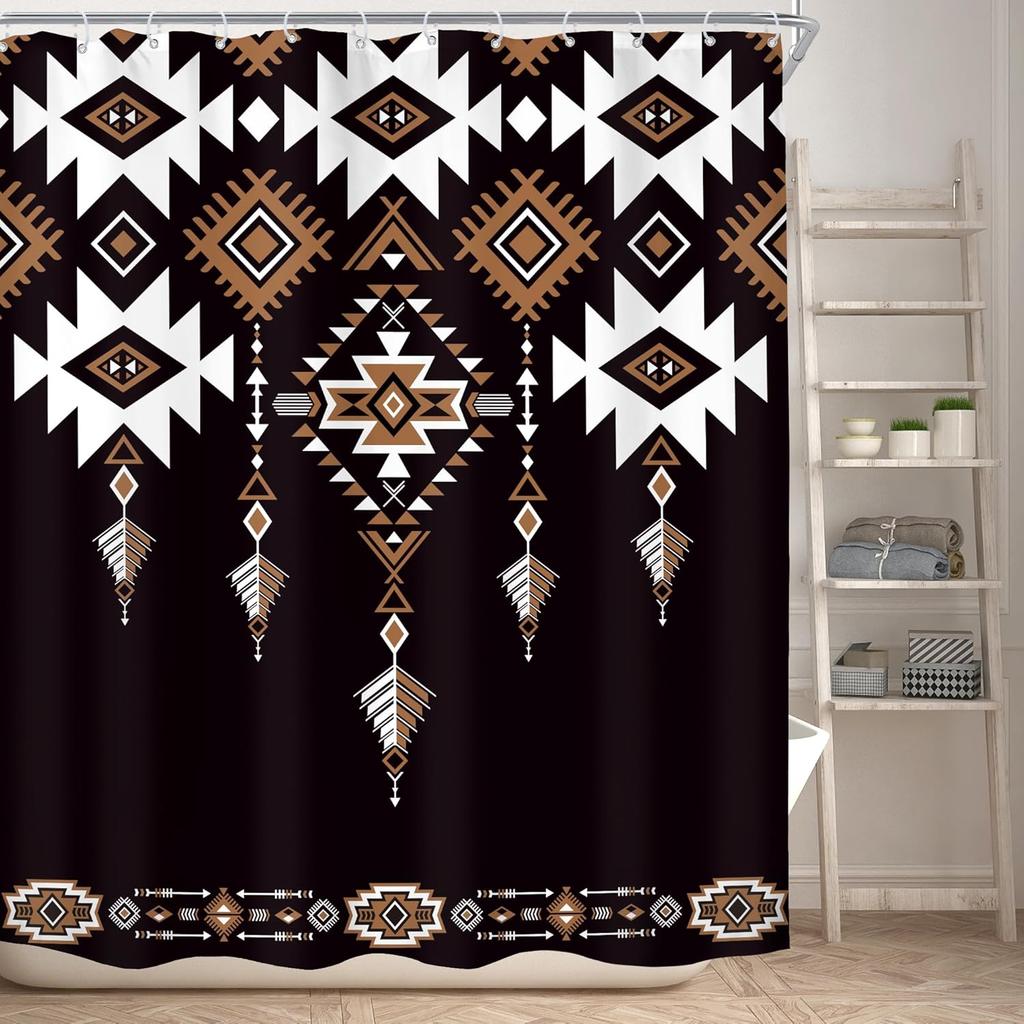 Black Aztec Western Shower Curtain for Bathroom Decor Abstract Boho Geometric Tribal Ethnic Retro American Brown Tan Simple