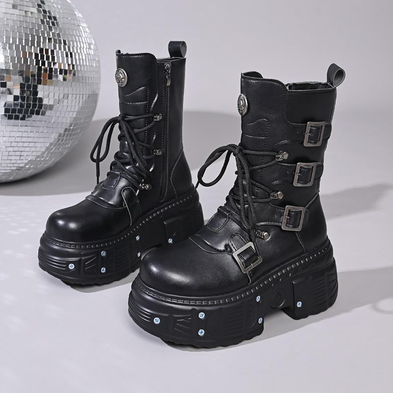 

Versatile Platform Studded Mid-Thigh Boots Women s Round Toe Lace-Up Side Zip Belt Buckle Plus Size Pumps 42
